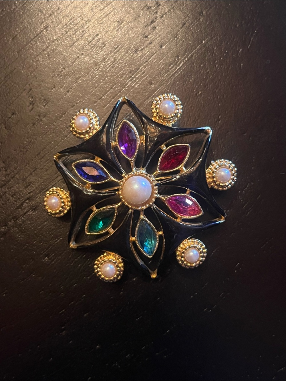 Vintage Style Multicolor Gemstone Floral Brooch with Faux Pearls